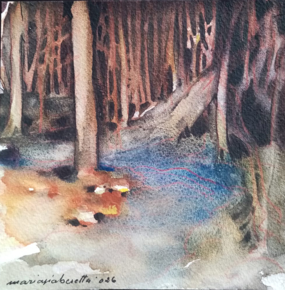 Al di là del fiume, tra gli alberi - 2026 - acquarello su carta - cm 15x15