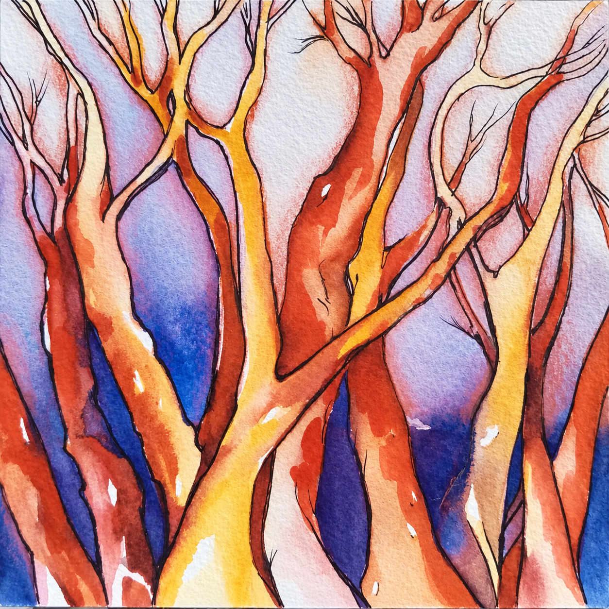 Al di là del fiume, tra gli alberi - 2026 - acquarello su carta - cm 15x15