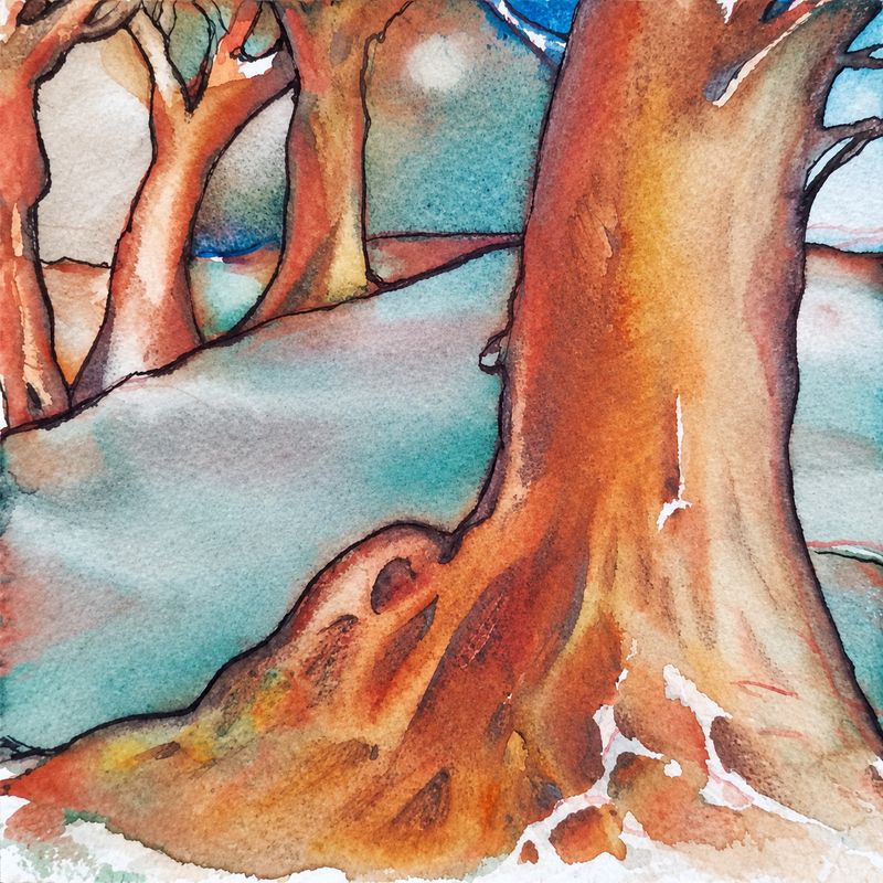 Al di là del fiume, tra gli alberi - 2026 - acquarello su carta - cm 15x15