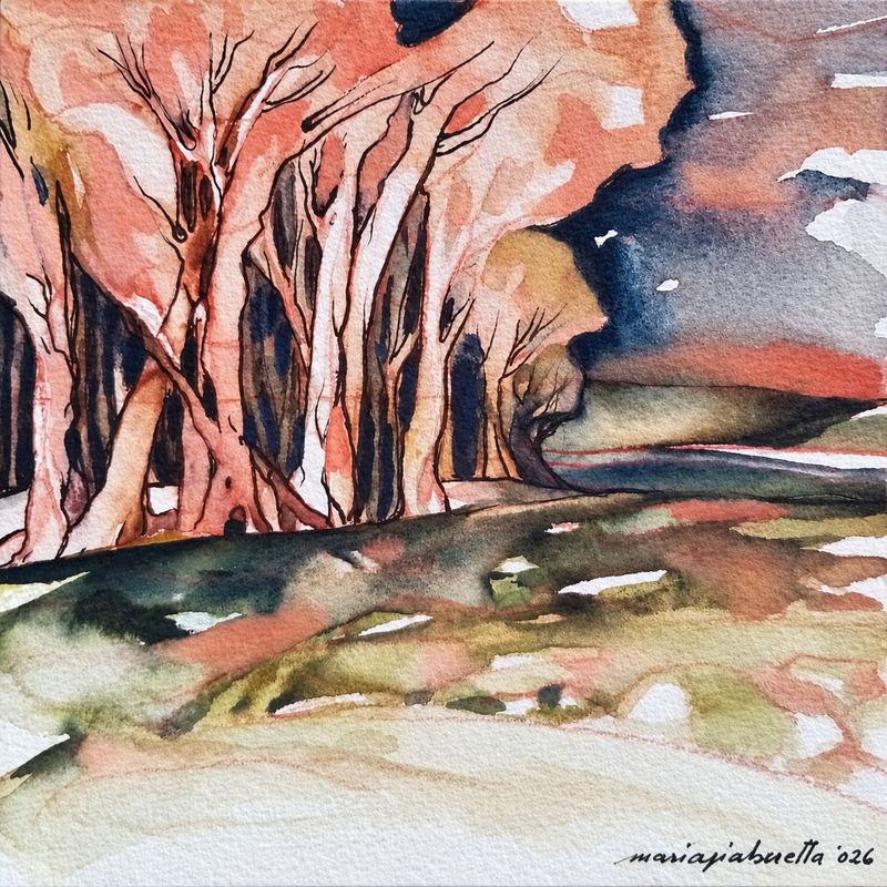 Al di là del fiume, tra gli alberi - 2026 - acquarello su carta - cm 15x15