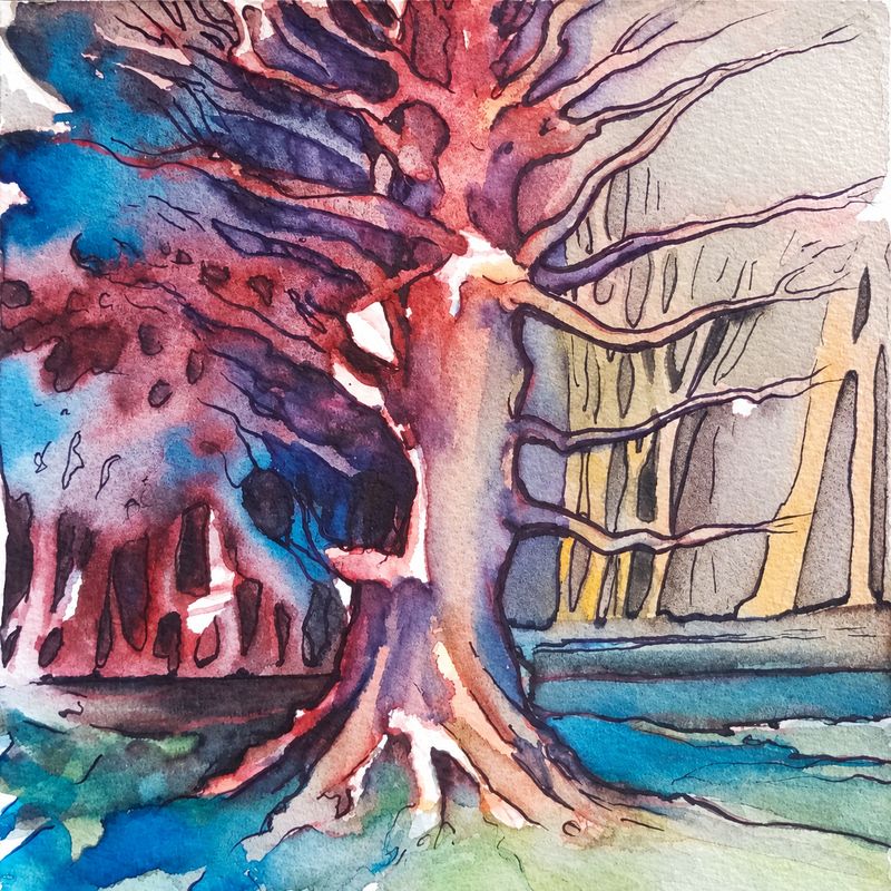 Al di là del fiume, tra gli alberi - 2026 - acquarello su carta - cm 15x15