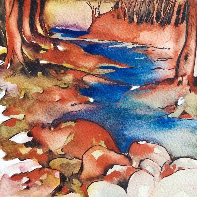 Al di là del fiume, tra gli alberi - 2026 - acquarello su carta - cm 15x15