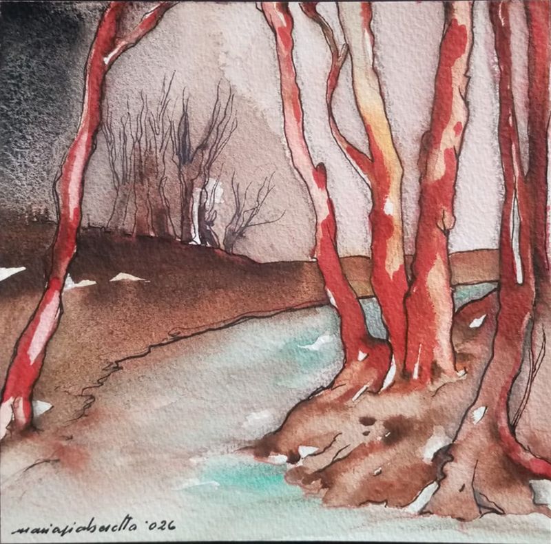 Al di là del fiume, tra gli alberi - 2026 - acquarello su carta - cm 15x15